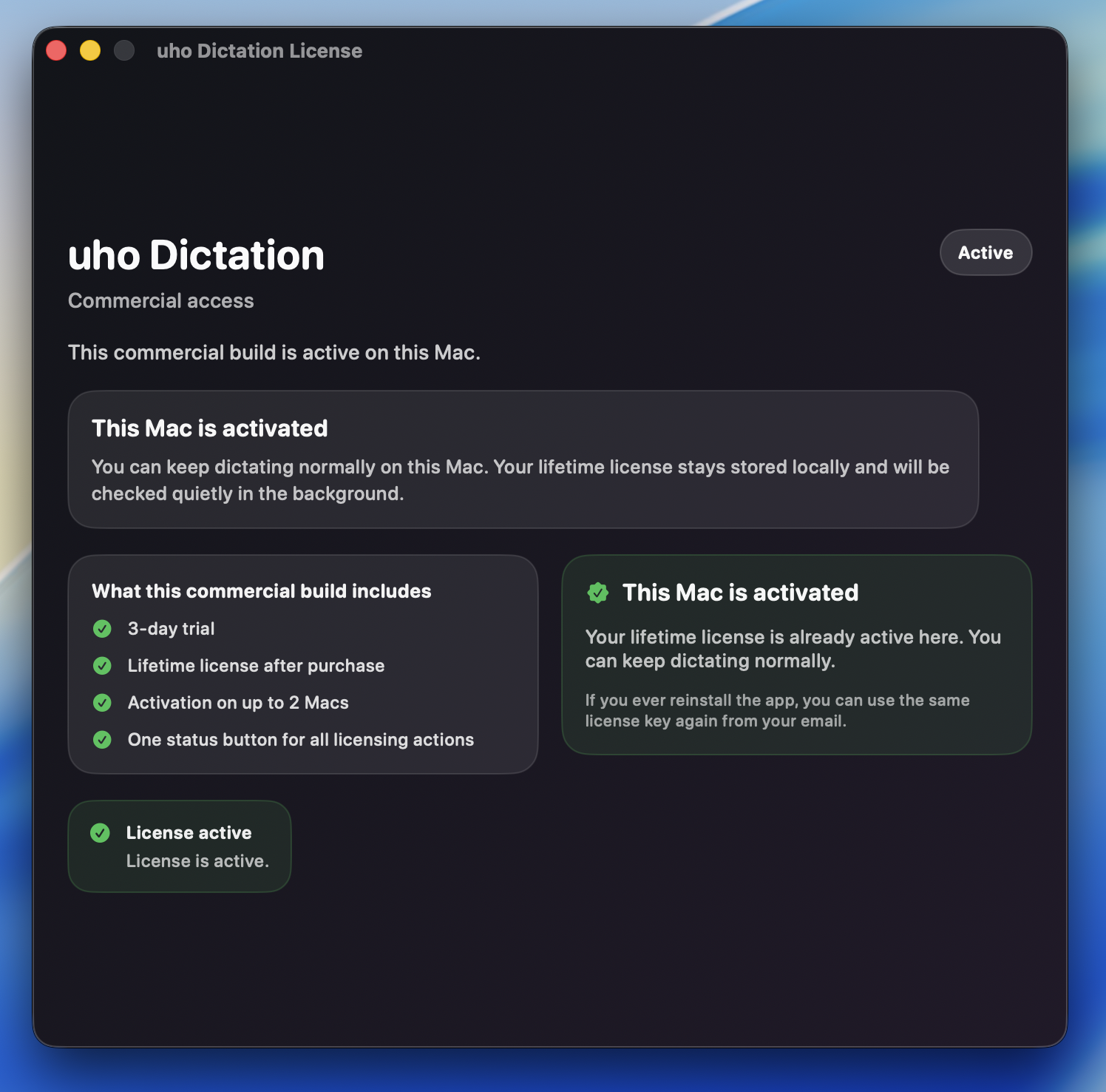 uho Dictation license window