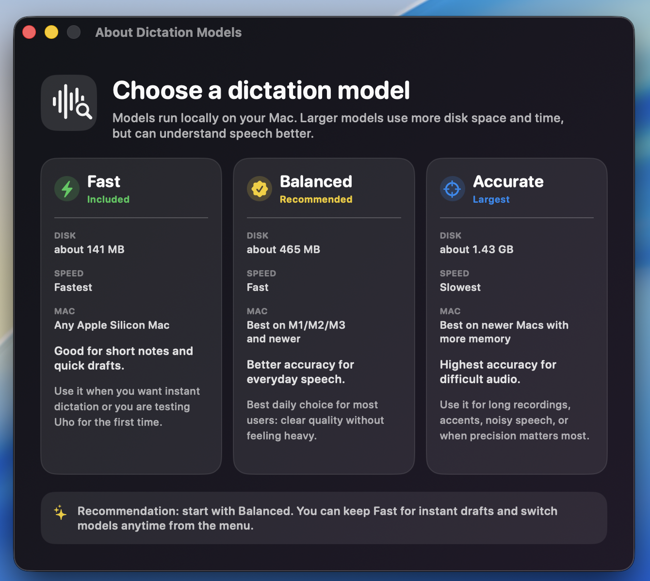 uho Dictation models window
