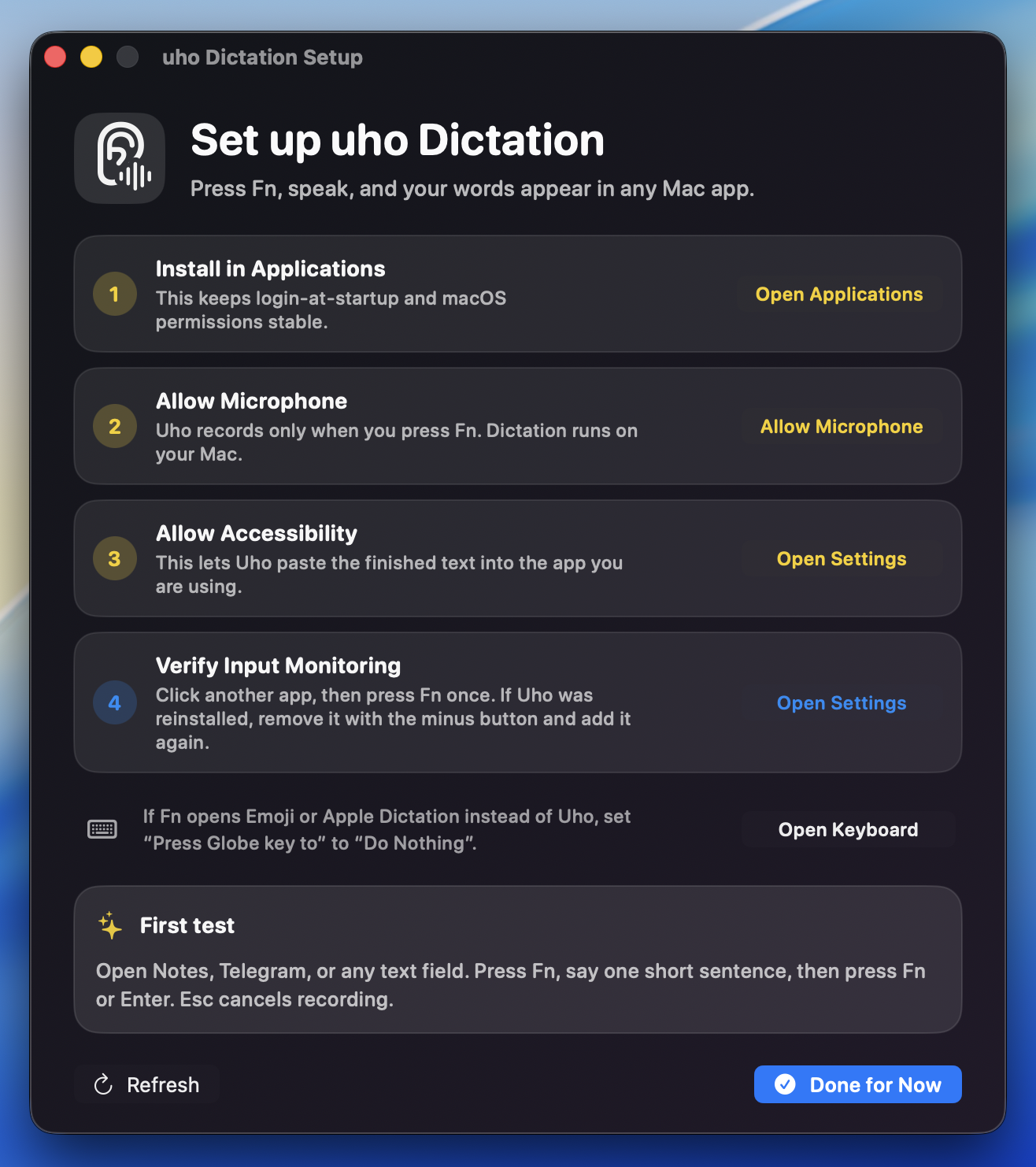 uho Dictation setup window